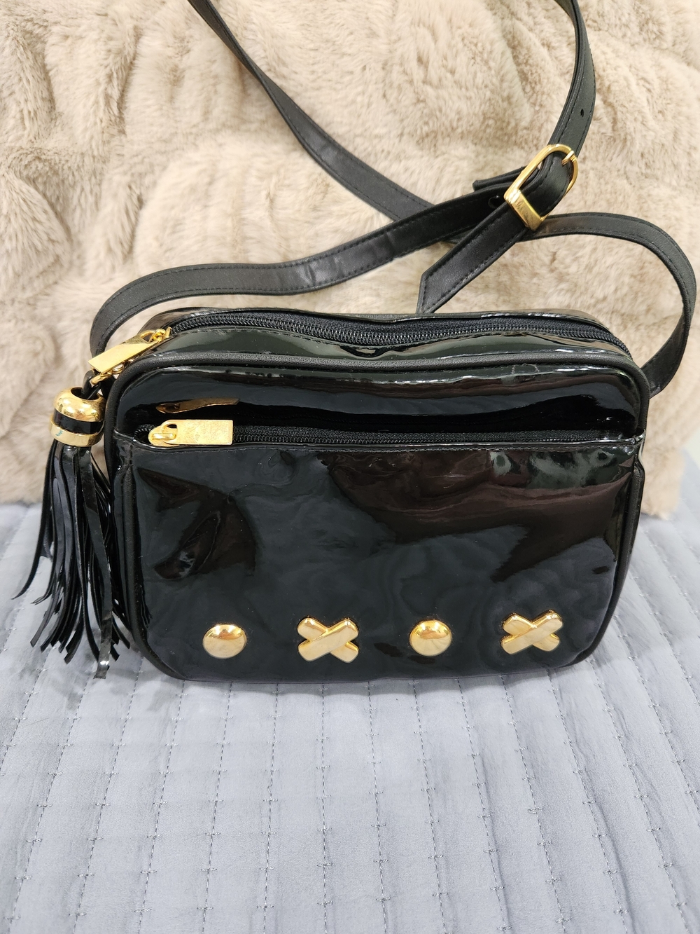 Tignanello Black Patent Crossbody with Gold Hardware